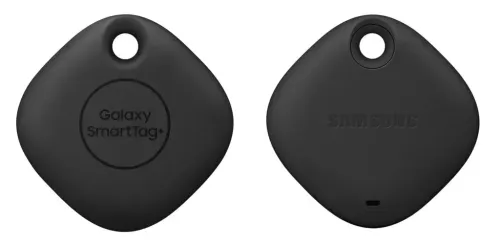 Close up of the front of the Samsung Galaxy SmartTag+ (left) and close up of the back of Samsung Galaxy SmartTag+ (right)